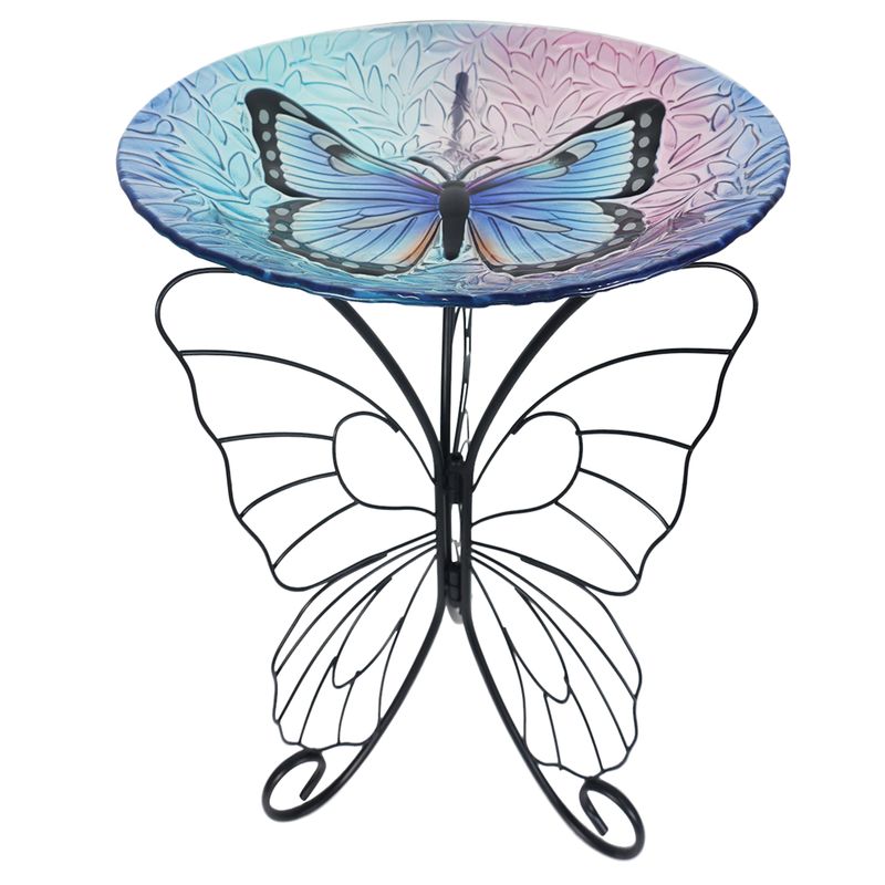 Birdbath - Colorful Glass and Stand Butterfly