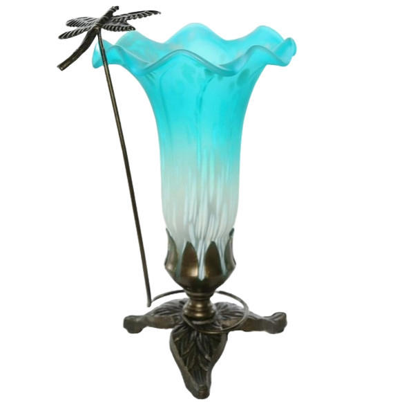 Lamp - 9"H Teal &amp; White Handpainted Glass Dragonfly Lily