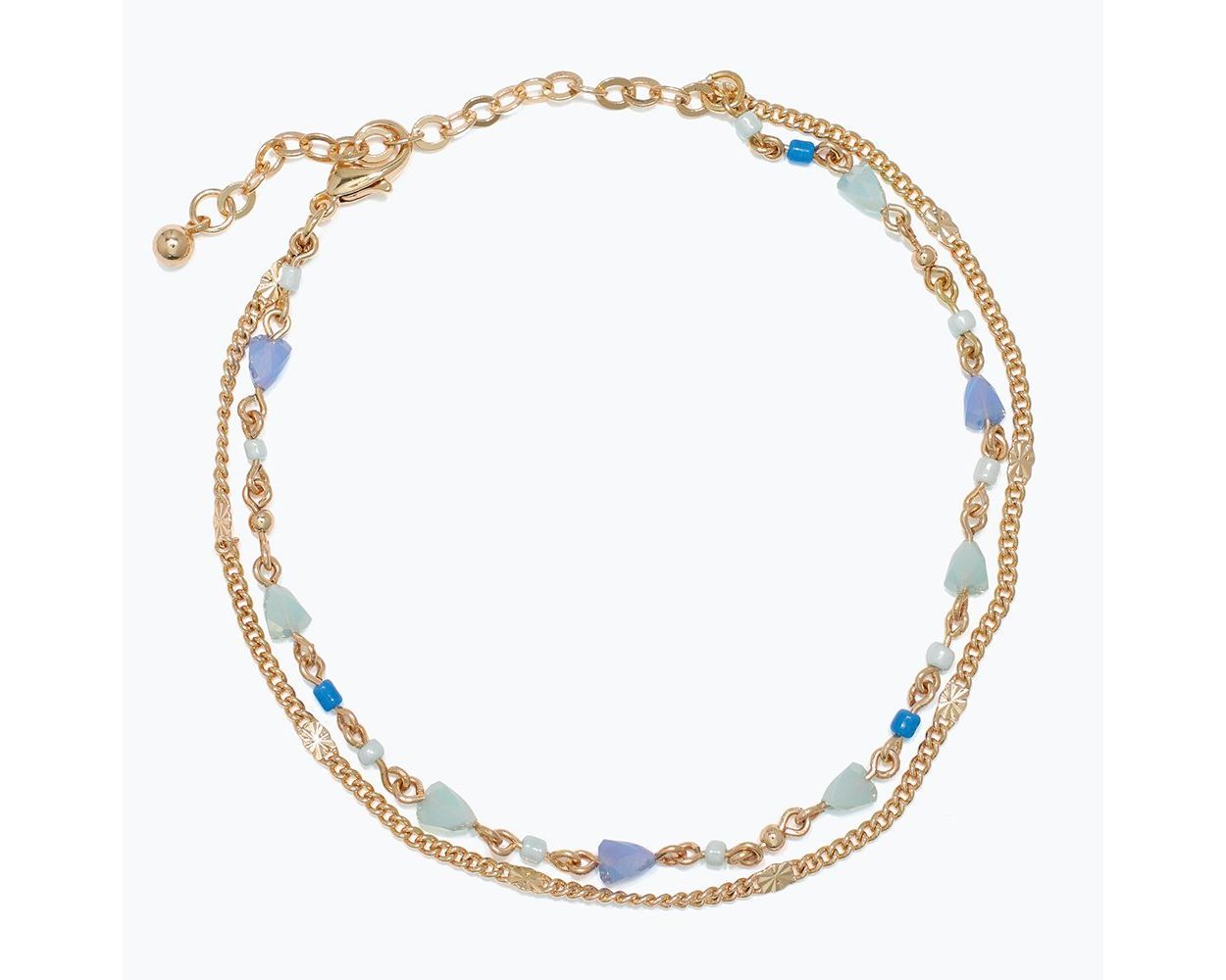 Anklet - Two Gold Chains with Faceted Blue Beads