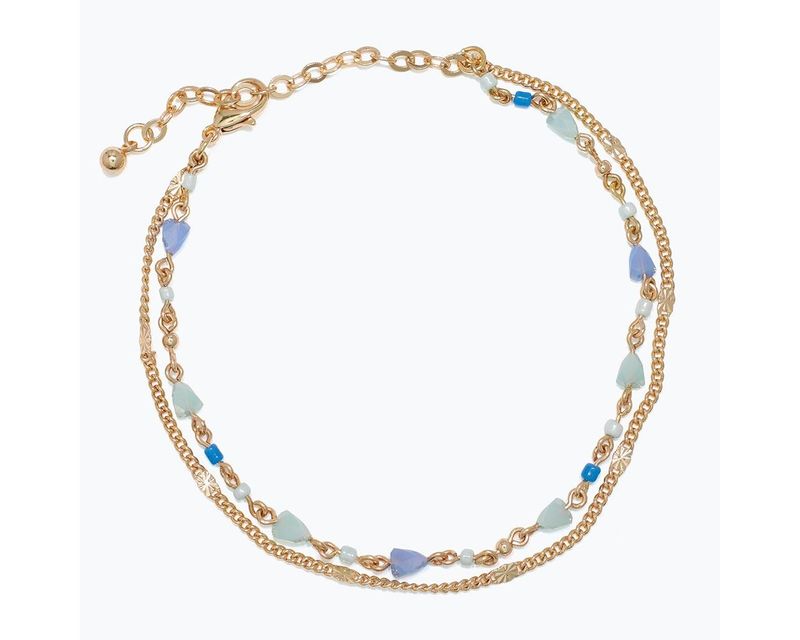 Anklet - Two Gold Chains with Faceted Blue Beads