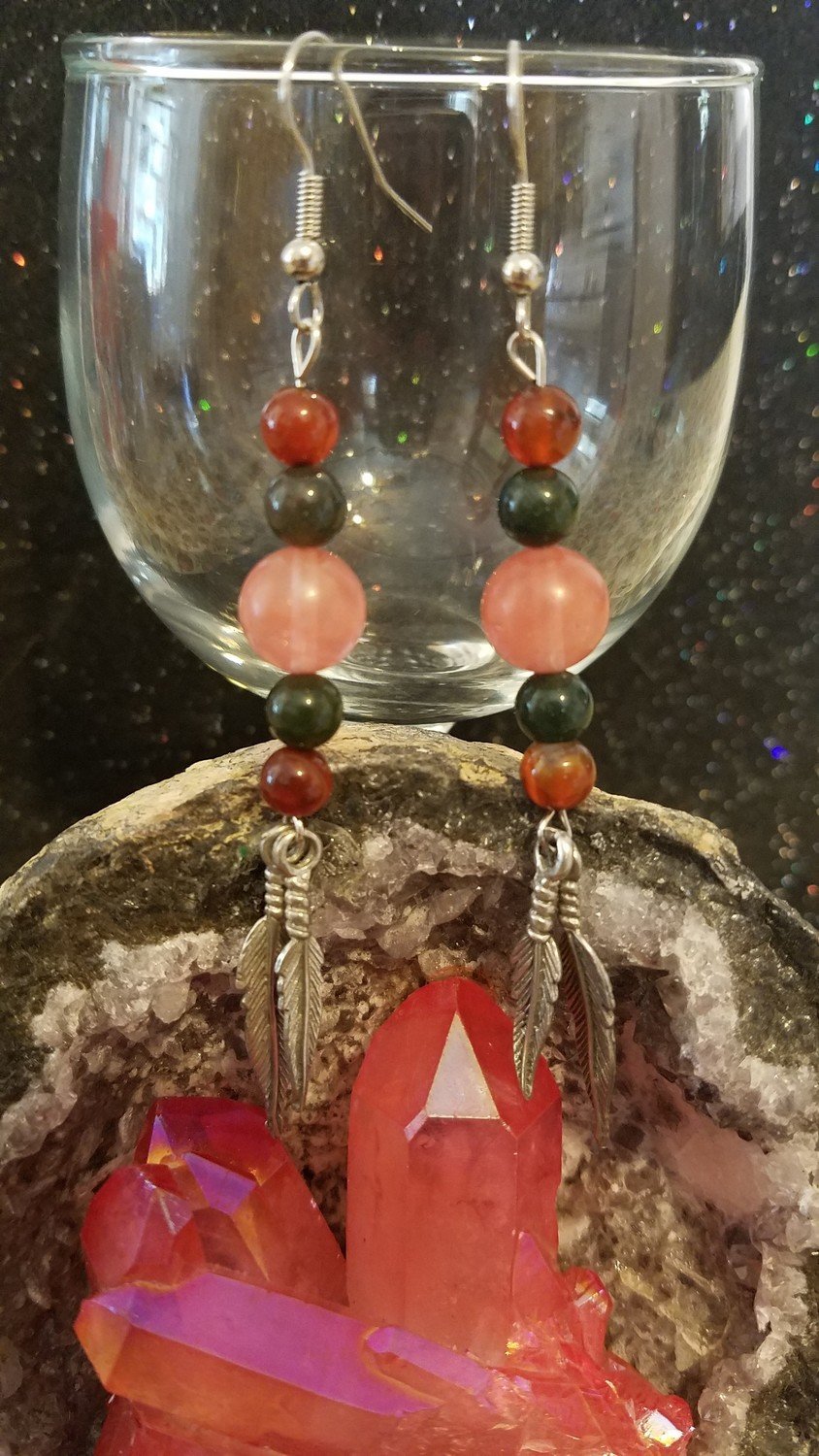 Handmade Genuine Carnelian, Rose Quartz, and Blood Agate Dangle Earrings With Feathers