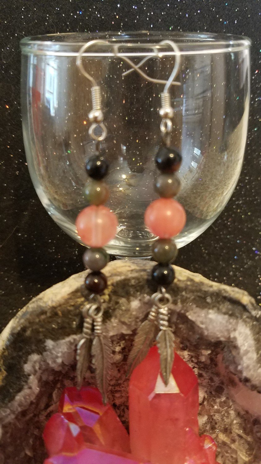 Handmade Genuine Red Garnet, Rose Quartz, and Blood Agate Dangle Earrings With Feathers