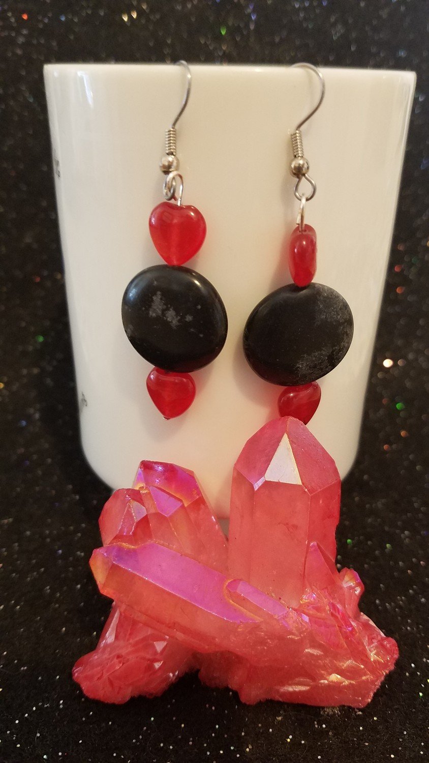 Handmade Genuine Black Jasper and Ruby hearts Dangle Earrings