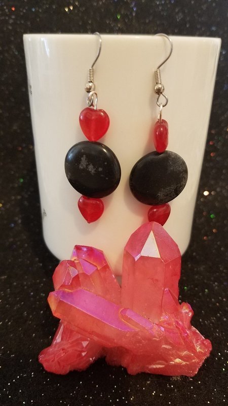 Handmade Genuine Black Jasper and Ruby hearts Dangle Earrings