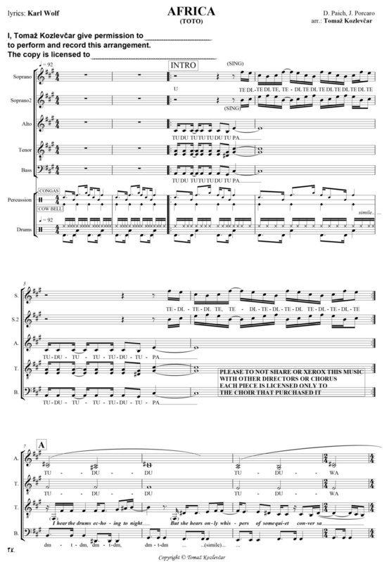 Africa (TOTO), the original acapela SSATTBB score (as YouTube phenomena)