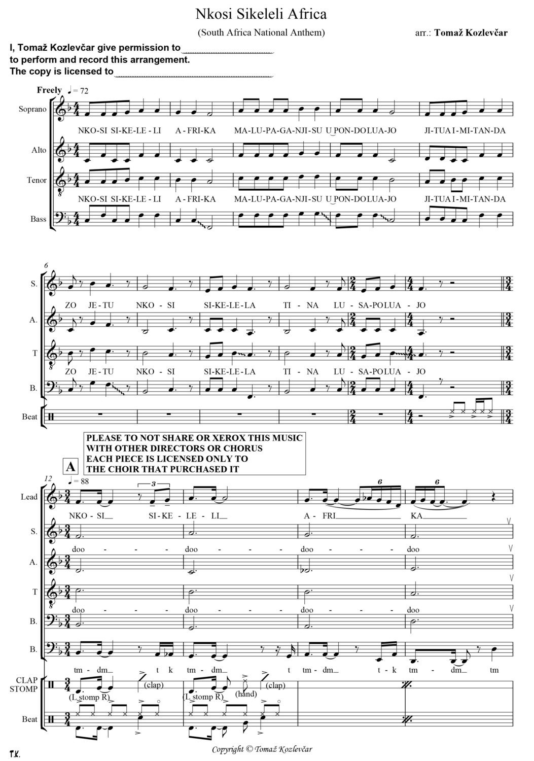 Nkosi Sikelel'i Africa, acapela SATB score of a rearranged South African anthem in 5 languages (Xhosa, Zulu, Sesotho, Africaans, English) as YouTube phenomena