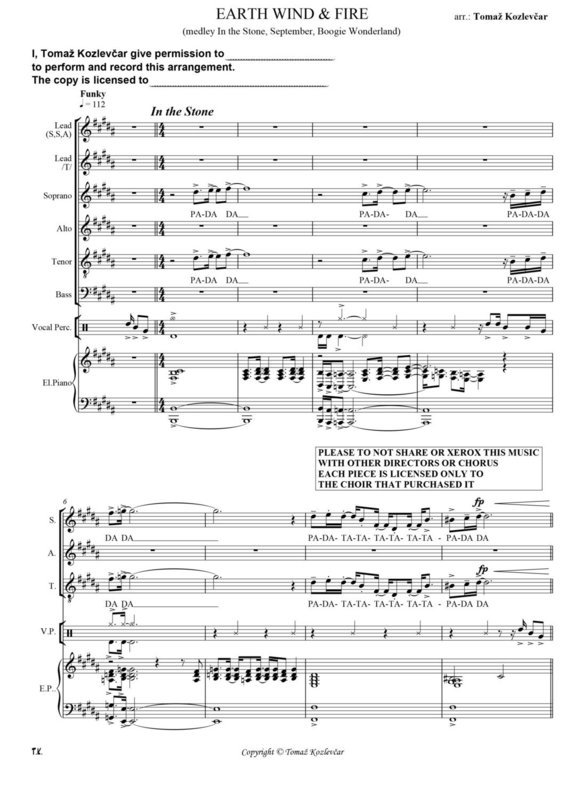 EARTH WIND &amp; FIRE SSATB score, acapela funky medley of E.W.F. &quot;the best of&quot;: In the Stone, September, Boogie Wonderland (as YouTube phenomena)