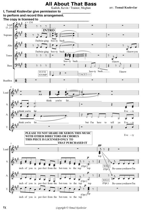 ALL ABOUT THAT BASS SSAATTTB score, acapela rendition of a Meghan Trainor &#39;Grammy hit&#39;
