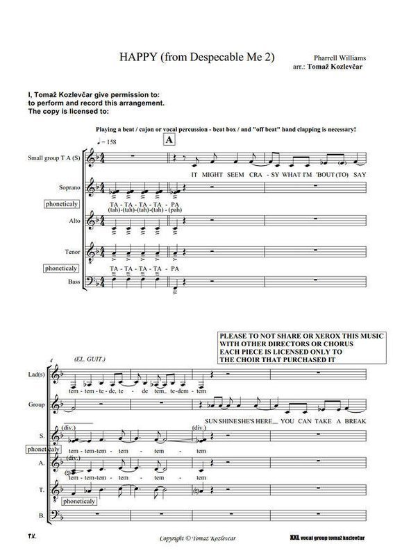 HAPPY (from Despicable Me 2) SSATB score, acapela rendition of a Pharrel Williams &#39;Grammy hit&#39; (as YouTube phenomena)