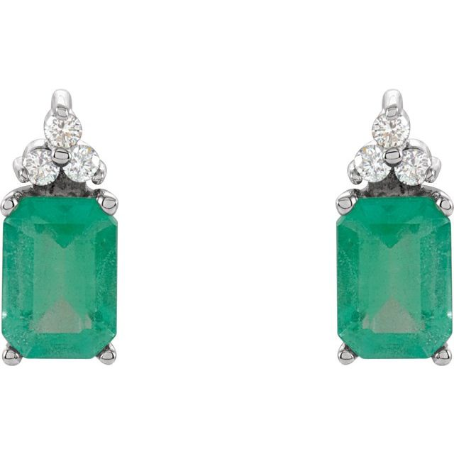 14K White Natural Emerald &amp; 1/8 CTW Natural Diamond Earrings