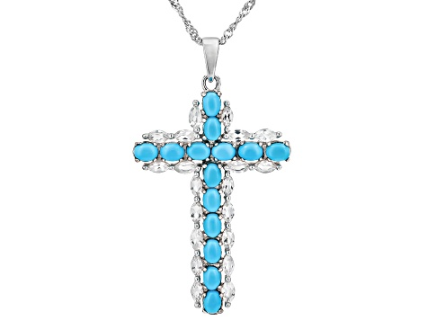 Blue Sleeping Beauty Turquoise Rhodium Over Sterling Silver Cross Pendant With Chain 1.36ctw