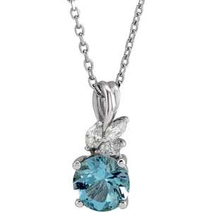 14k whitw gold Natural Aquamarine &amp; 1/10 CTW Natural Diamond 16-18&quot; Necklace