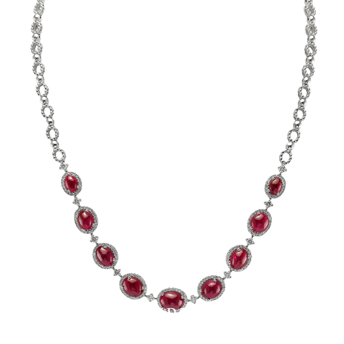 A 19.48 Ct. Ruby and Diamond Necklace, 18K White Gold. The necklace primarily features with 9 red oval shaped cabochon cut rubies. 209 round diamonds 1.86 ctw vs2 grade