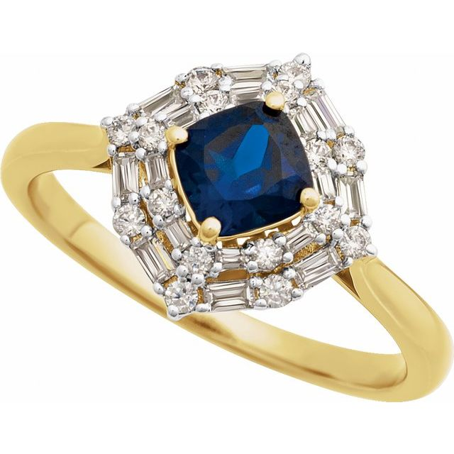 14K Yellow Natural Blue Sapphire &amp; 1/3 CTW Natural Diamond Ring