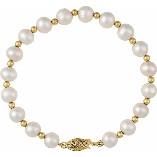 14K Yellow Cultured White Freshwater Pearl 7 1/4&quot; Bracelet