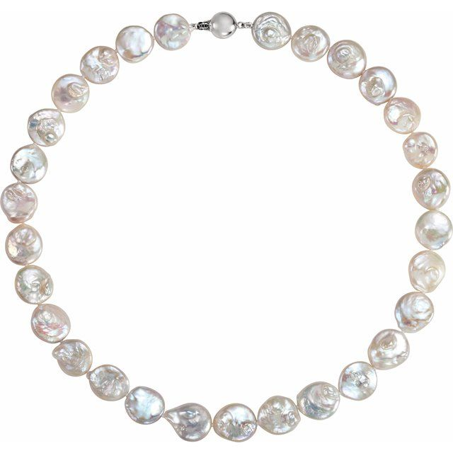 Sterling Silver 13-14 mm Cultured White Freshwater Pearl Coin 18&quot; Necklace