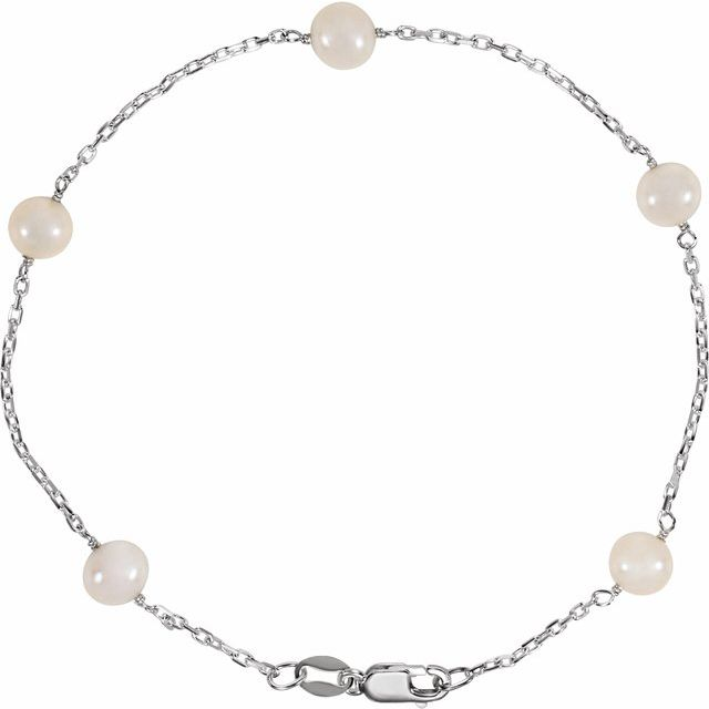 Sterling Silver Cultured White Freshwater Pearl 5-Station 7.5&quot; Bracelet
