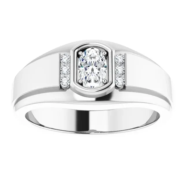.31 ct Sterling Silver 6x4 mm Oval Diamond Men&#39;s Ring. Diamond #527932  Oval  Faceted cut,  F color,  VS1 quality. 6 diamond accents Round Full Cut,  G-H color,  SI2-SI3 clarity​ * Made to order