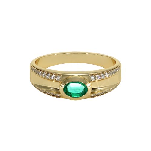 Men&#39;s Emerald Ring 5.82 x 4.13 x 2.35 mm oval and a mixed brilliant cut 0.37 Ct., 14K Yellow Gold with diamond accents 0.35 ctw clarity VS1/VS2 and a color grade of F. *This item is made to order