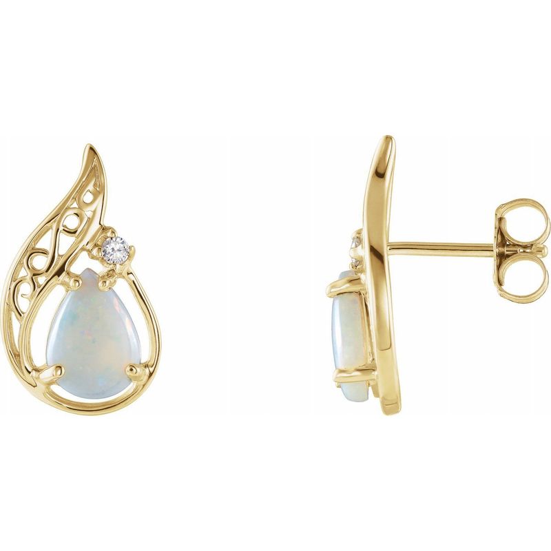 14K Yellow Natural White Opal &amp; .03 CTW Natural Diamond Earrings