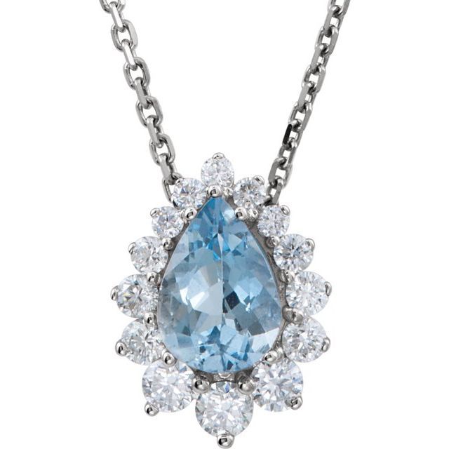 14K White Natural Aquamarine &amp; 1/3 CTW Natural Diamond 18&quot; Necklace