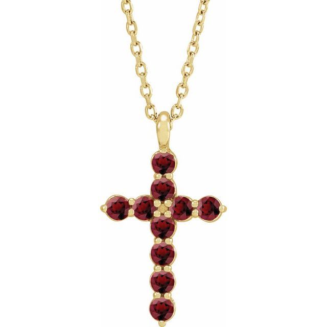 14K Yellow Natural Mozambique Garnet Cross 16-18&quot; Necklace