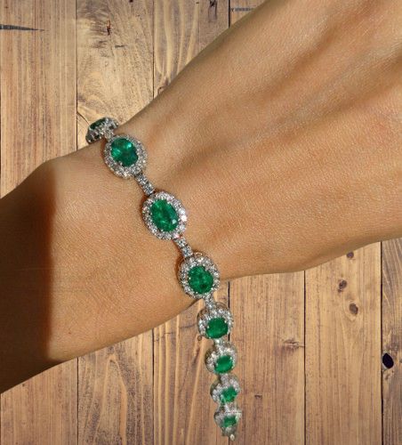 7.47 Ctw. Total Carat Weight Emerald Natural Diamond Pave Bracelet, 14K White Gold