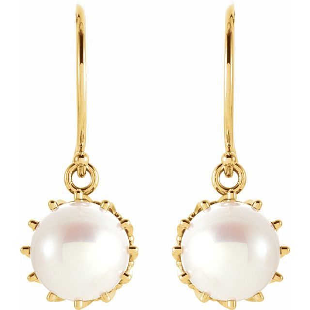 14K Yellow Cultured White Freshwater Pearl Crown Earrings