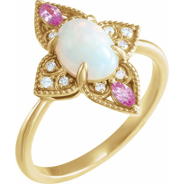 14K Yellow Natural Ethiopian Opal, Natural Pink Sapphire &amp; .05 CTW Natural Diamond Ring
