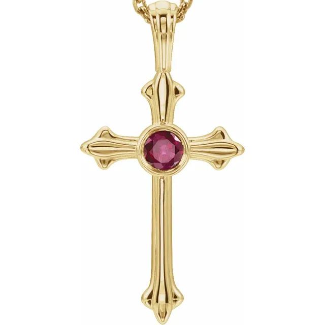 14K Yellow Natural Ruby Cross Pendant with  a 14k yellow 1mm solid cable 18 inch chain