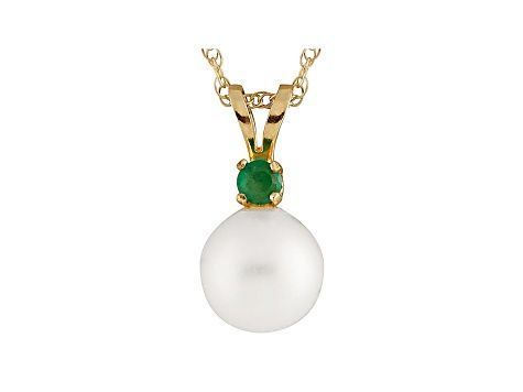 Cultured White Akoya Pearl .05ctw Emerald 14k Yellow Gold Pendant With Chain