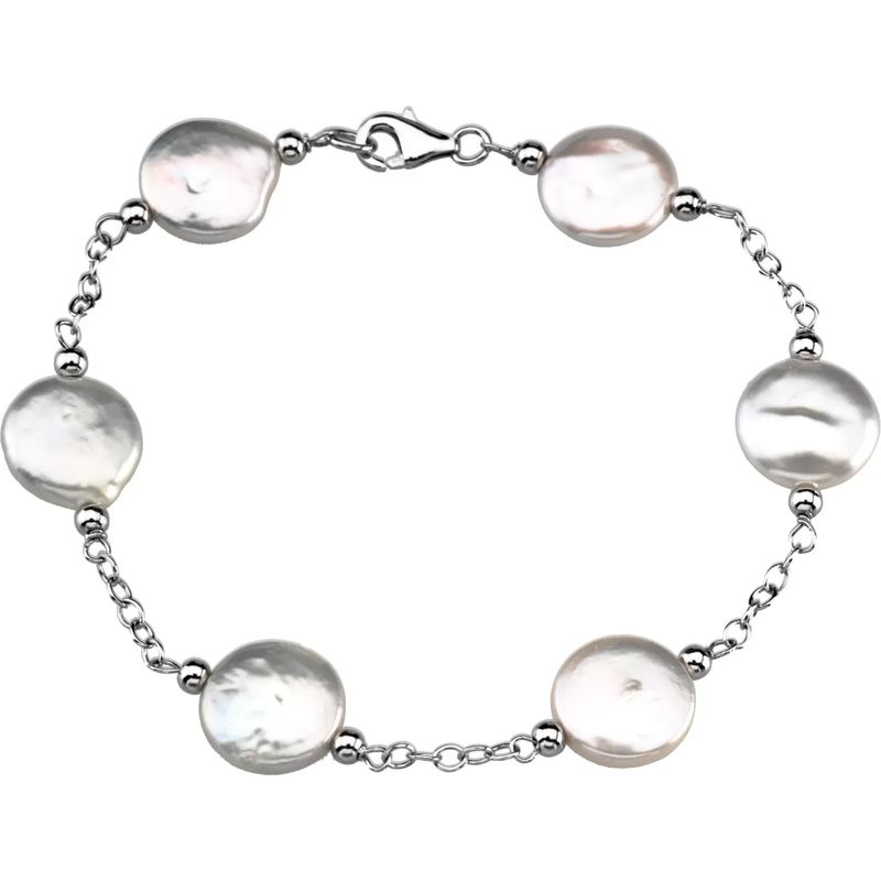 Sterling Silver 12-13 mm Freshwater Cultured White Coin Pearl Station 7.5&quot; Bracelet