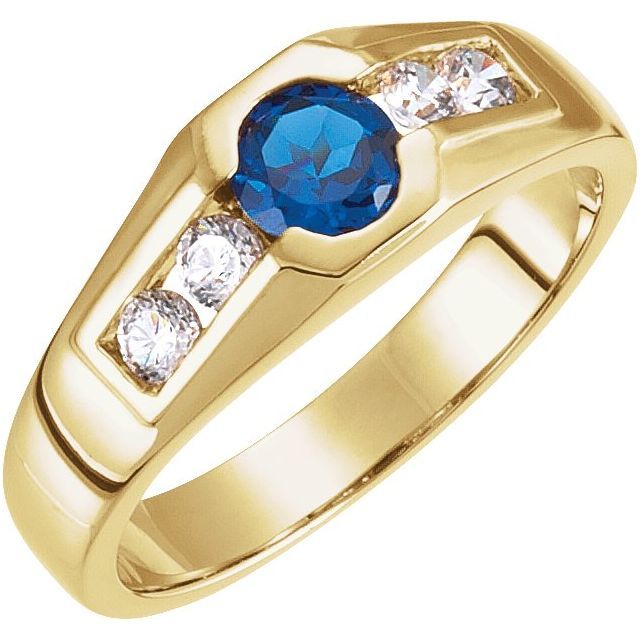 Mens 14K Yellow 5.5 mm Round Sapphire and diamond Ring