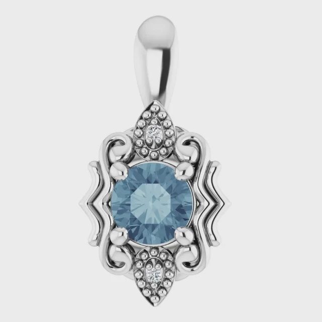 14K White 4.1 mm Round Grey spinel Pendant with diamond accents ( G+ VS Diamonds)