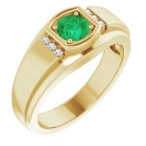 Mens 14K Yellow Natural Emerald &amp; .08 CTW Natural Diamond Ring