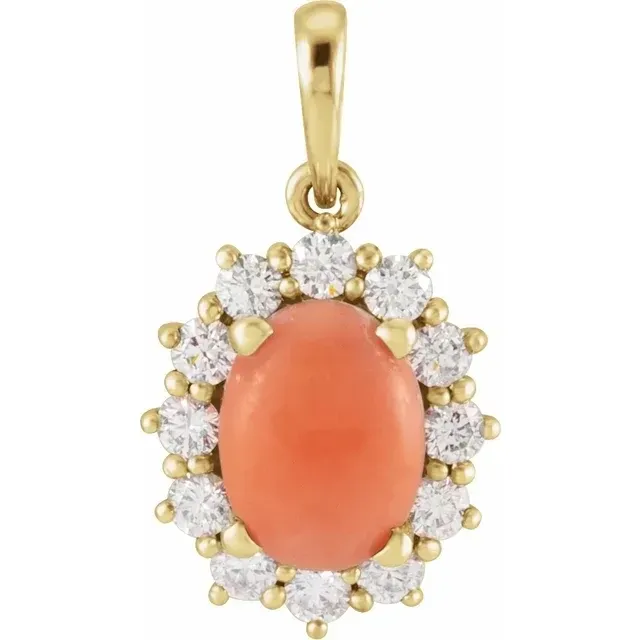 14K Yellow Natural Pink Coral &amp; 1/3 CTW Natural Diamond Halo-Style Pendant