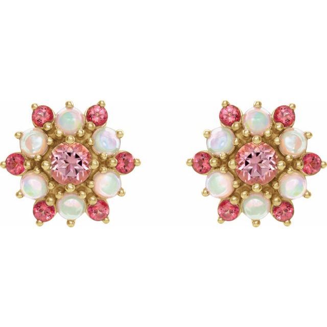 14K Yellow Natural Pink Tourmaline &amp; Natural Ethiopian Opal Cabochon Earrings