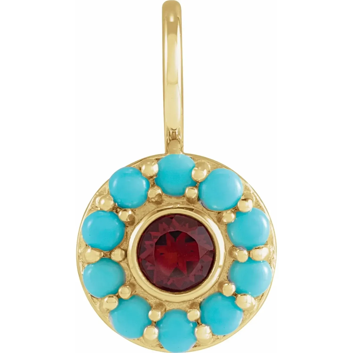14K Yellow Natural Mozambique Garnet 4 mm round &amp; Natural Turquoise 2 mm cabochon Halo-Style Charm/Pendant