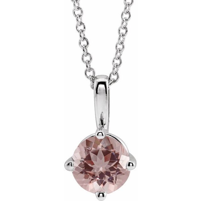 14K White 5 mm Natural Pink Morganite Solitaire 16-18&quot; Necklace