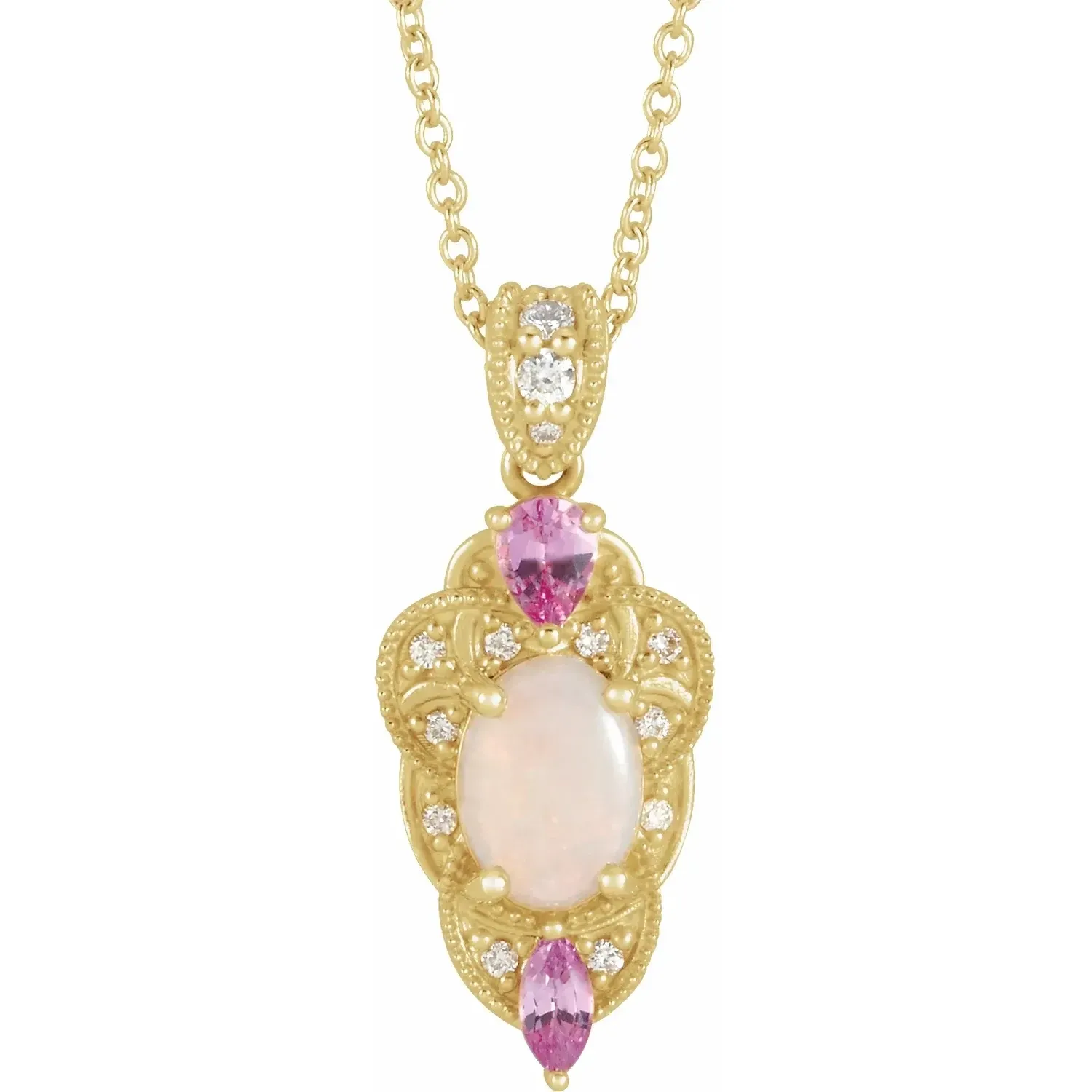 14K Yellow Natural White Opal 7 x5 mm Oval, Natural Pink Sapphire &amp; 1/10 CTW Natural Diamond 16-18&quot; Necklace