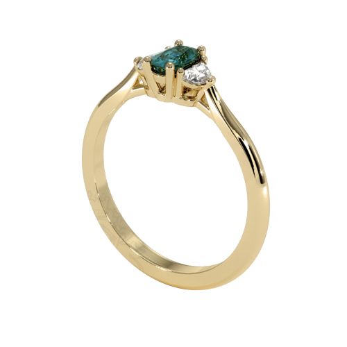A grade Teal Sapphire ring- 6x4 Oval 0.51 Ct. - 14K Yellow Gold with .30 ctw half moon Diamond accents (E VSI grade) * this item is made to order
