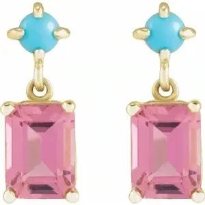 14K Yellow Natural Pink Tourmaline &amp; Natural Turquoise Earrings, standered treatment on stones