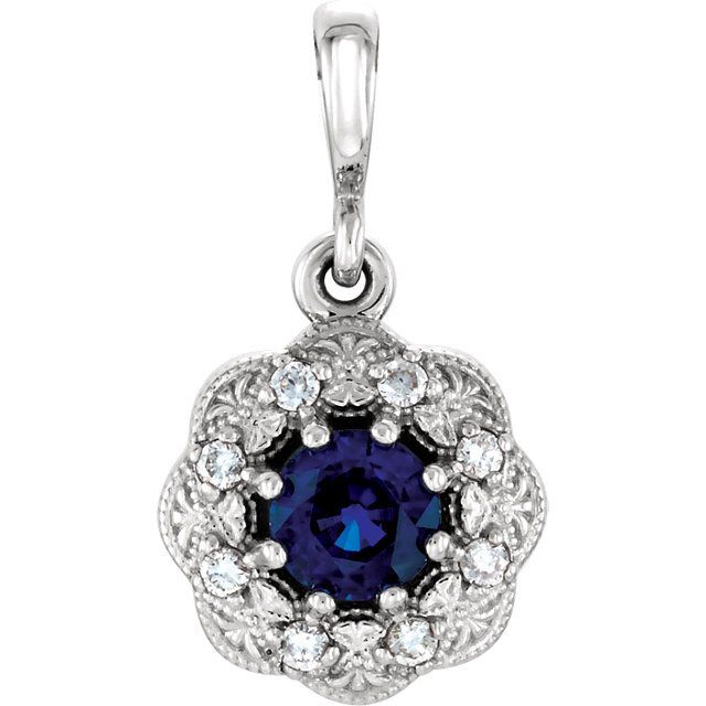 14K White Blue Sapphire &amp; .06CTW Dia Pendant
