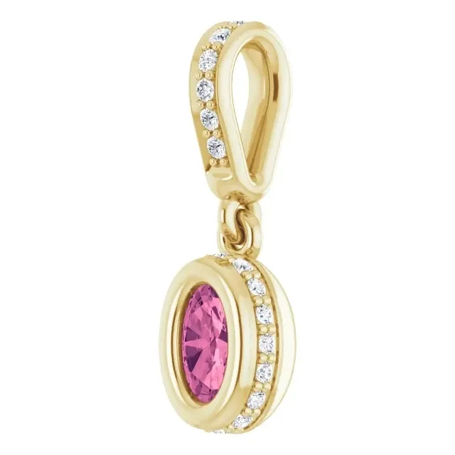 10K Yellow Nigerian Rubellite Pink Tourmaline .50ct 6x4mm oval pendant with white Sapphire accents.