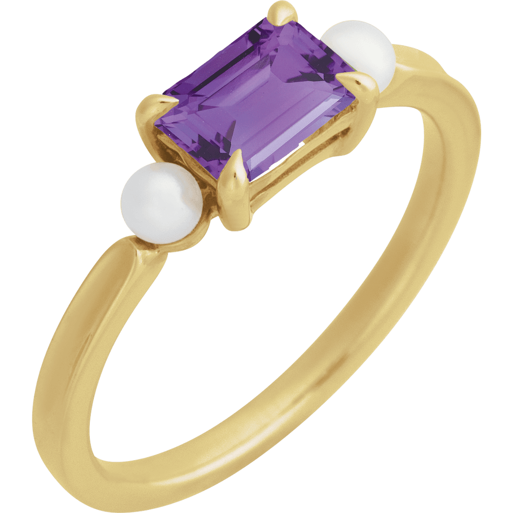 14K Yellow Natural Amethyst &amp; Cultured White Akoya Pearl Ring
