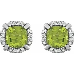 14K White Natural Peridot &amp; 1/10 CTW Natural Diamond Earrings