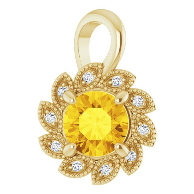14K Yellow 6 mm Round yellow sapphire and diamond  Pendant