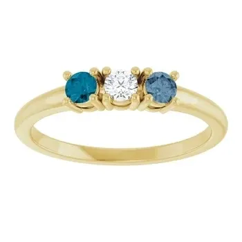 14K Yellow 3-stone Family Ring London blue Topaz, Diamond and Grey Spinel