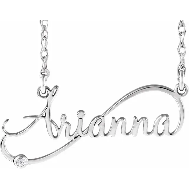 14K White .015 CT Natural Diamond Infinity-Inspired Script Single Name 18&quot; Necklace