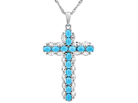 Blue Sleeping Beauty Turquoise Rhodium Over Sterling Silver Cross Pendant With Chain 1.36ctw